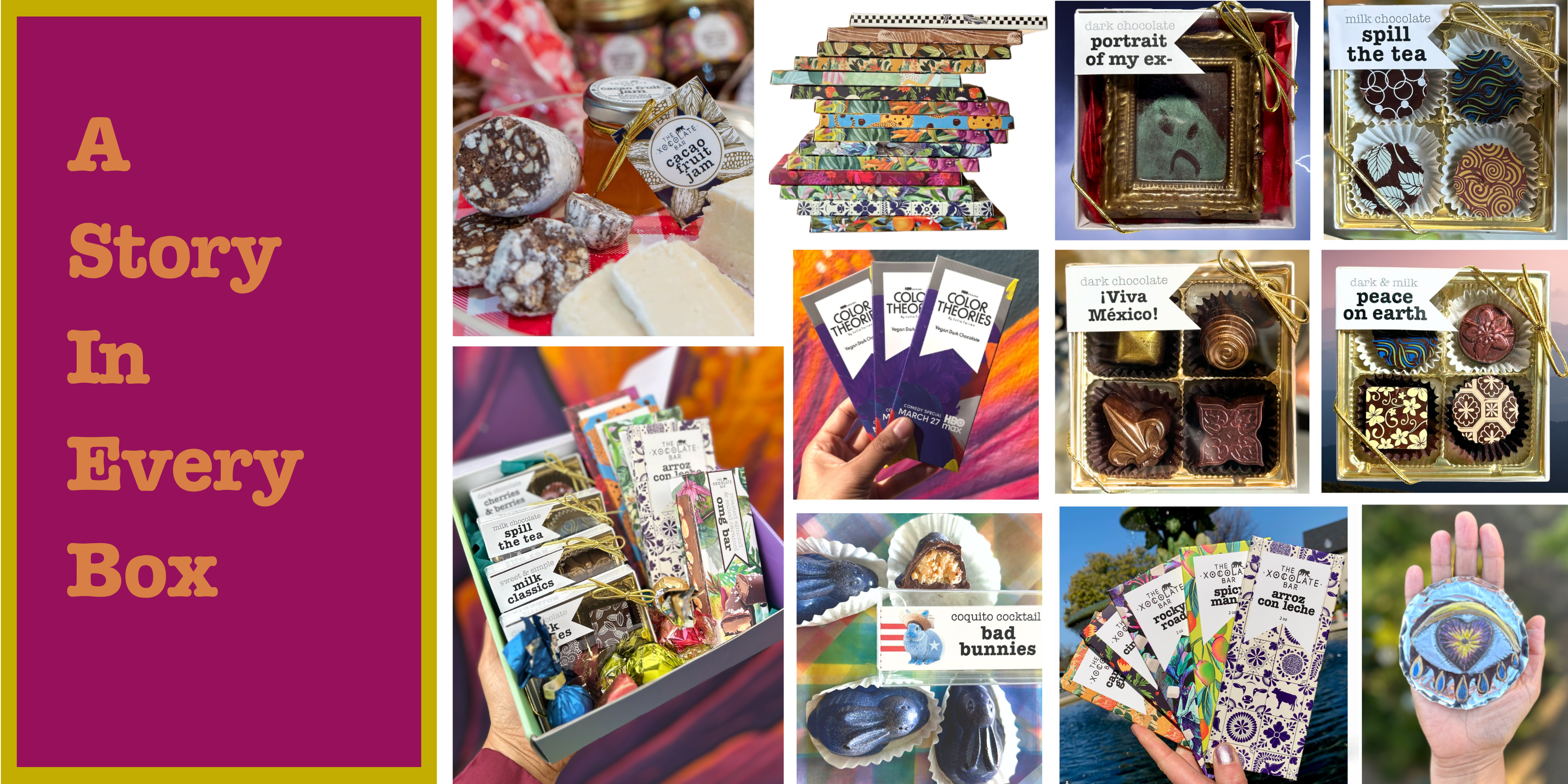 A Story in Every Box: original chocolates, unexpected flavors, and inventive packaging.