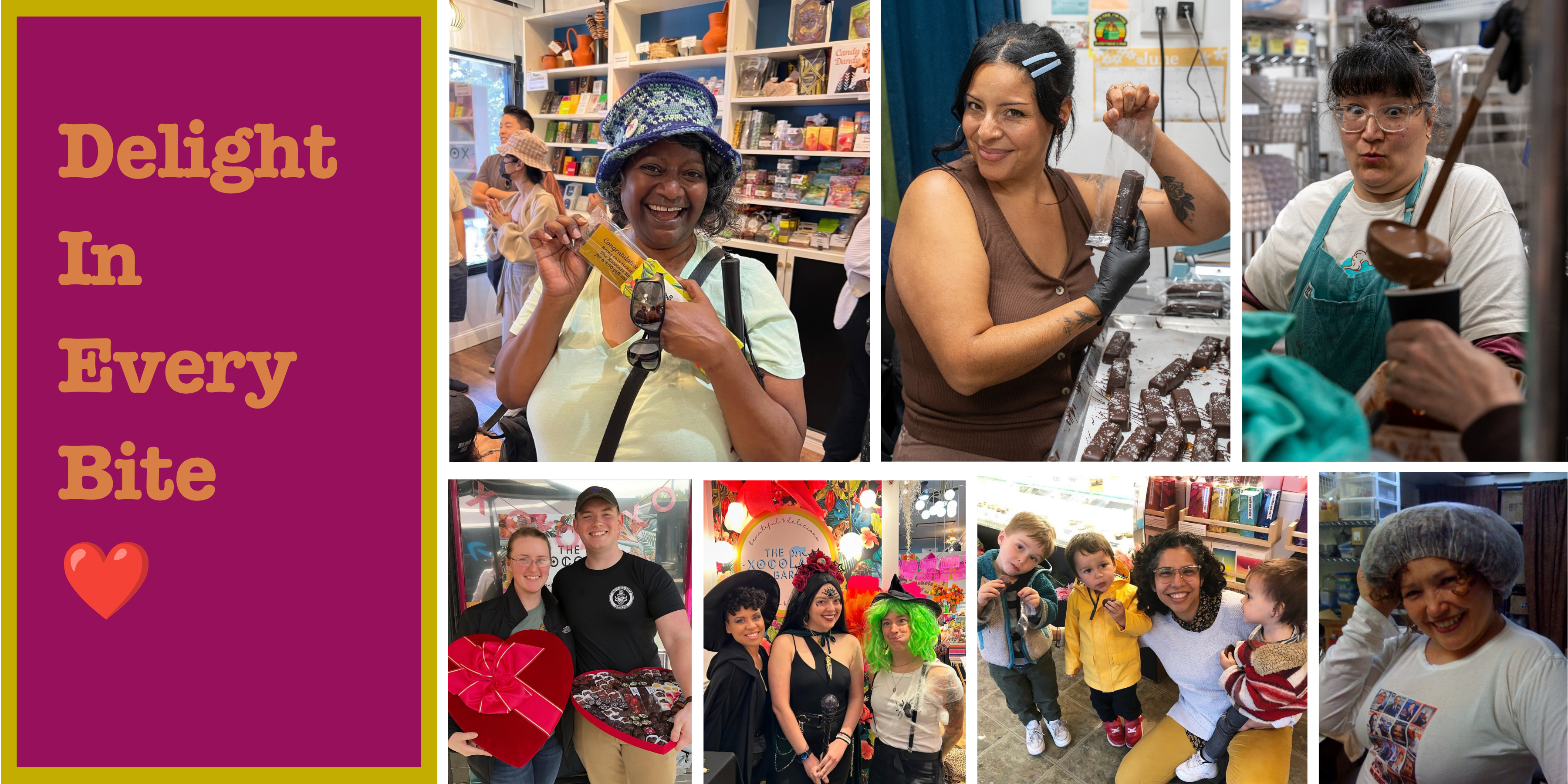 Delight in Every Bite: photographs of happy customers and shared chocolate moments.